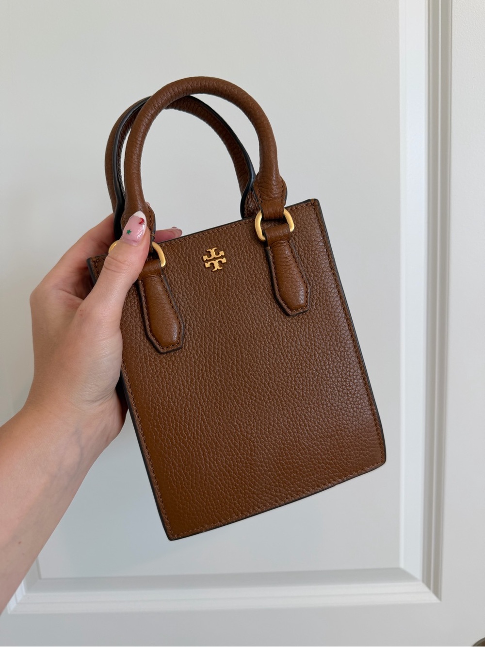 Tory Burch Chestnut Pebbled Leather Mini Tote with Gold Logo